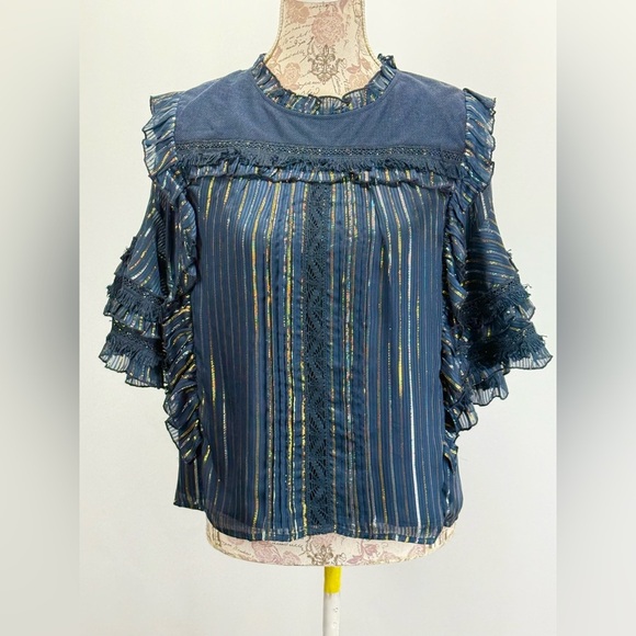 MISA LOS ANGELES Navy blue with gold stripe ruffle accent blouse size M - Picture 8 of 13